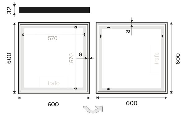 Nimco Černé LED zrcadlo 30W, 60x60 cm