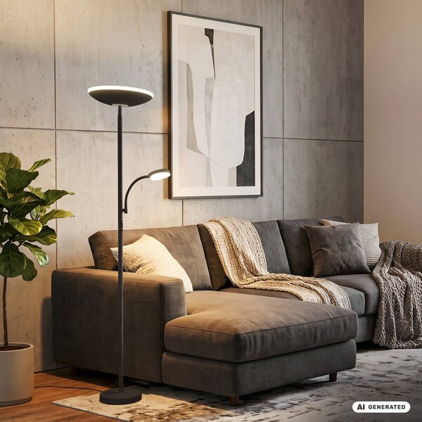 Briloner LED stojací lampa Sira, černá, dotykový stmívač, na čtení, stmívatelný, Černá, Pracovna / kancelář, kov, Moderní