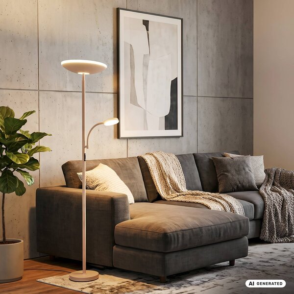 Briloner LED stojací lampa Sira, béžová, dotykový stmívač, na čtení, stmívatelný, Krémová / jantar, Pracovna / kancelář, kov, Moderní