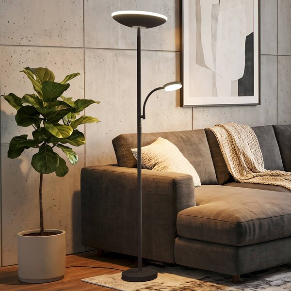 Briloner LED stojací lampa Sira, černá, dotykový stmívač, na čtení, stmívatelný, Černá, Pracovna / kancelář, kov, Moderní