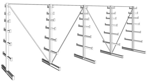 Konzolový regál stromečkový, oboustranný, 150 kg, 2000 x 5400 x 1090 mm