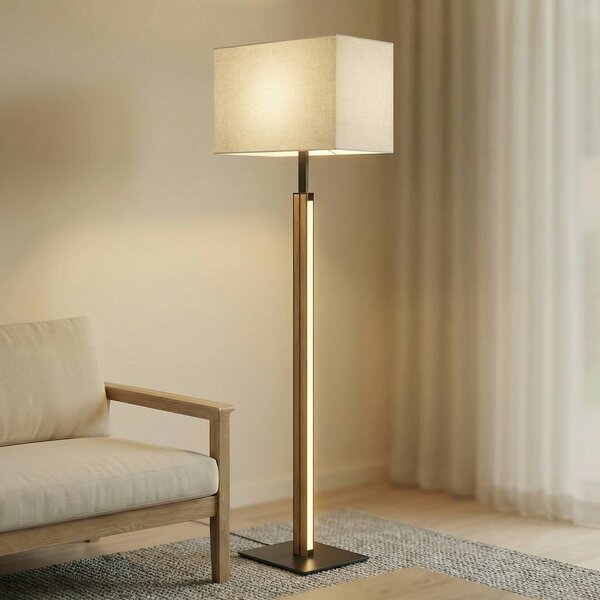 Quitani LED stojací lampa Lisene, dub/černá/přírodní, 162 cm, stmívatelné, stmívatelný, Světlé dřevo, Obývací pokoj / jídelna, kov, Design