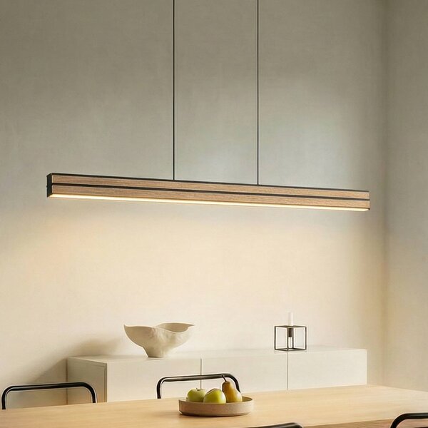 Quitani Závěsné světlo LED Lisene, dub/černá, 117 cm, stmívatelné, stmívatelný, Světlé dřevo, Obývací pokoj / jídelna, Hliník, Design