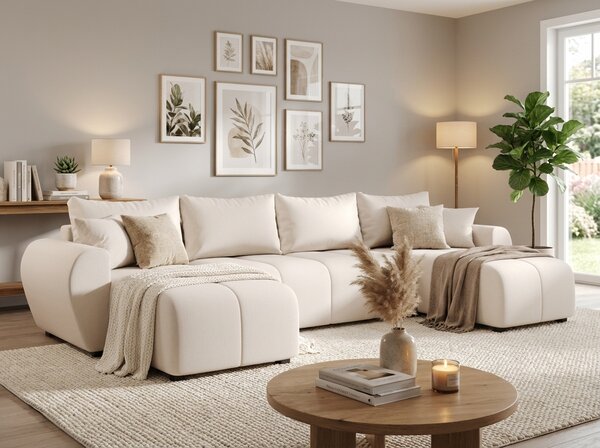 Rozkládací sedací souprava do U SEVIO 311x145 cm, krémová + 2 polštářky ZDARMA