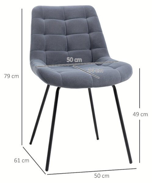 Jídelní židle – Retro sada dvou křesel s polstrovaným sedákem v šedé sametové látce a robustními ocelovými nohami, rozměry 50x61x79 cm