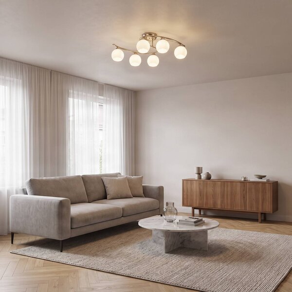 Lindby Stropní svítidlo Svean, 6 světel, bílé, sklo, délka 75 cm, stmívatelný, Hliník / šedá / zinek, Obývací pokoj / jídelna, Sklo, Moderní, Koule