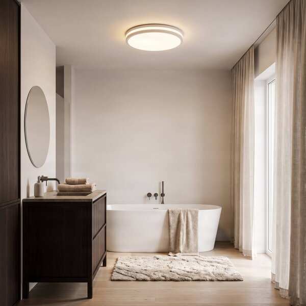 Lindby Arnim LED stropní svítidlo, bílé, plast, Ø 49 cm, IP44, stmívatelný, Bílá / opál, Koupelna, Plast, Moderní