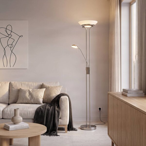 Lindby LED stojací lampa Yveta, v barvě niklu, na čtení, stmívatelná, stmívatelný, Hliník / šedá / zinek, Obývací pokoj / jídelna, kov, Moderní, Lampička na čtení