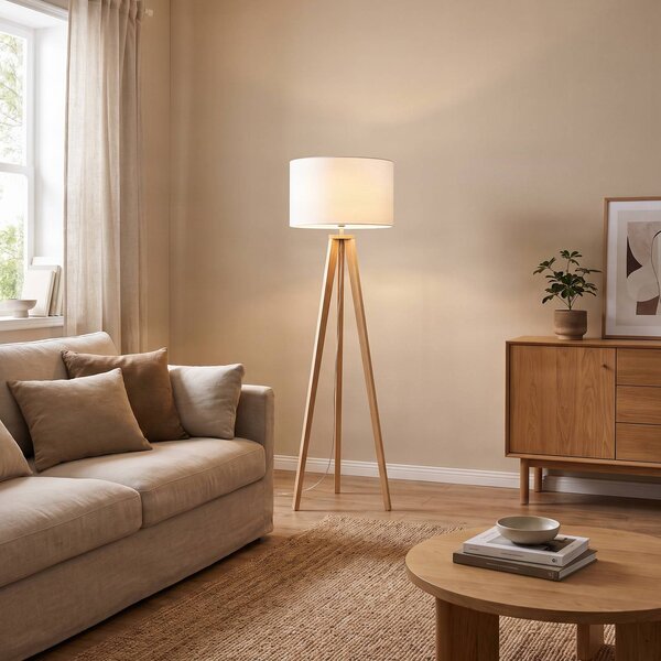 Lindby Stojací lampa Charlia, bílá, dřevo, výška 150 cm, Bílá / opál, Obývací pokoj / jídelna, Textil / tkanina / hedvábí, Skandinávský, Lampa trojnožka