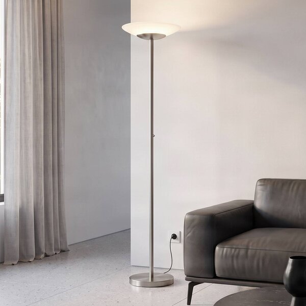 Lindby LED stojací lampa Ragna, nikl, kov, stmívatelné, stmívatelný, Hliník / šedá / zinek, Obývací pokoj / jídelna, Sklo, Moderní