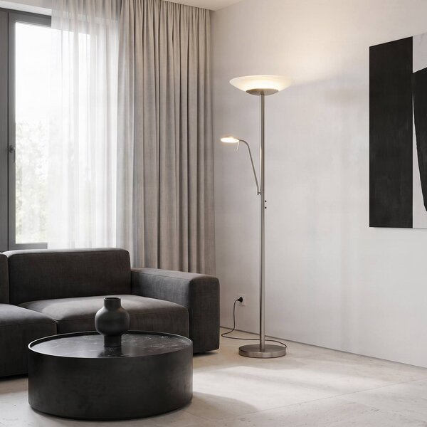 Lindby LED stojací lampa Ragna, na čtení, niklová, stmívatelná, stmívatelný, Obývací pokoj / jídelna, kov, Moderní, Lampička na čtení