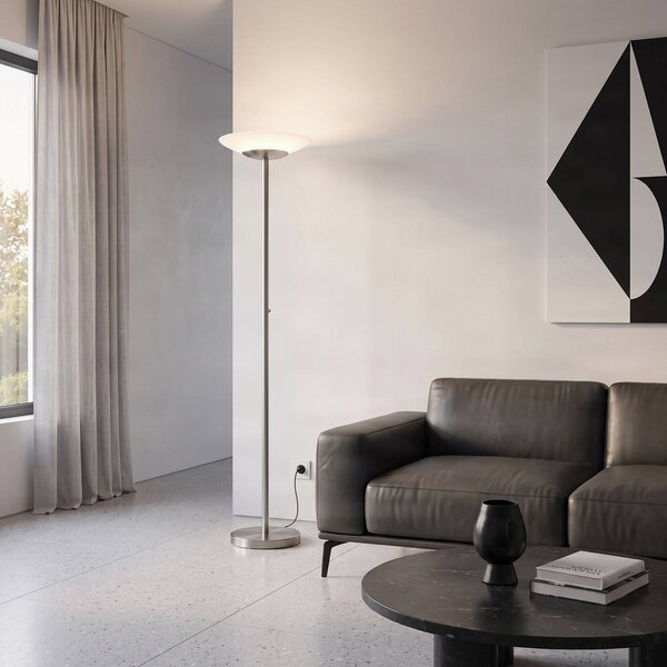 Lindby LED stojací lampa Ragna, nikl, kov, stmívatelné, stmívatelný, Hliník / šedá / zinek, Obývací pokoj / jídelna, Sklo, Moderní