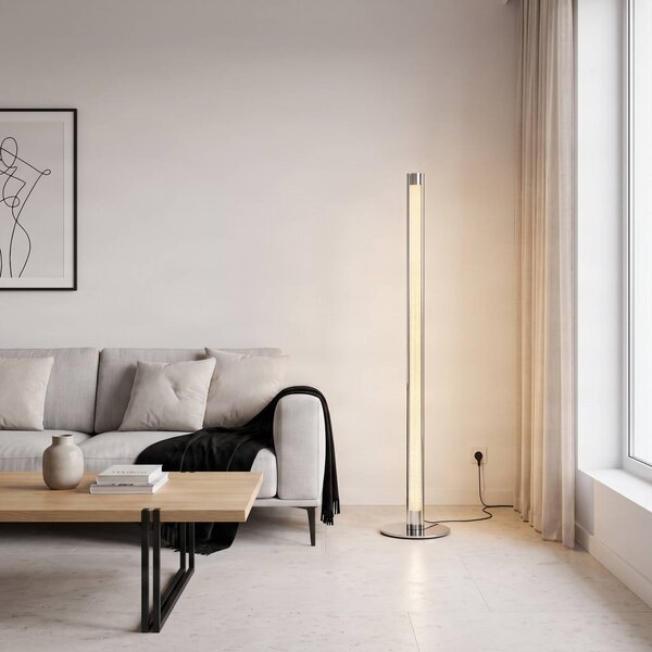 Lindby LED stojací lampa Hadis, RGB, dálkové ovládání, bílá, 120 cm, stmívatelný, Chrom / stříbro, Obývací pokoj / jídelna, Plast, Moderní