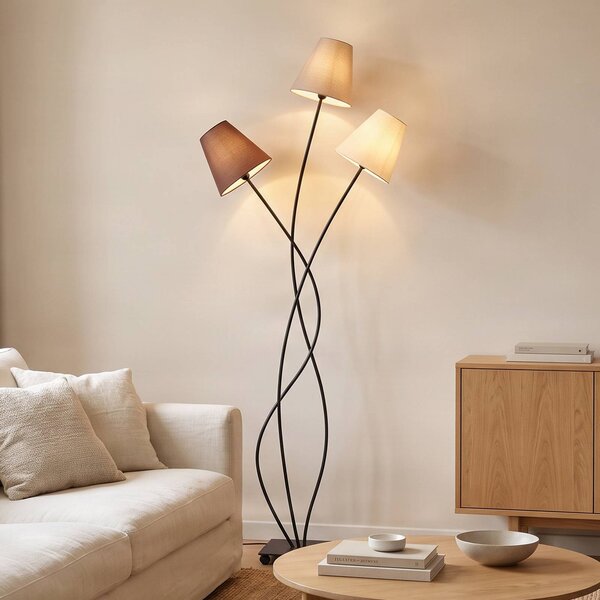 Lindby Stojací lampa Melis, 130 cm, třížárovková, textilní, Krémová / jantar, Obývací pokoj / jídelna, Textil / tkanina / hedvábí, Moderní