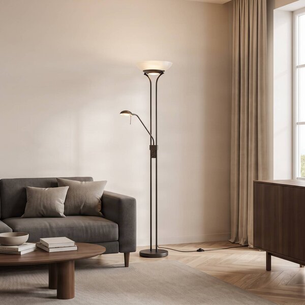 Lindby LED stojací lampa Yveta, rezavá, na čtení, stmívatelná, stmívatelný, Hnědá / rez, Obývací pokoj / jídelna, kov, Venkovský / rustikální, Lampička na čtení