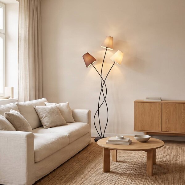 Lindby Stojací lampa Melis, 130 cm, třížárovková, textilní, Krémová / jantar, Obývací pokoj / jídelna, Textil / tkanina / hedvábí, Moderní