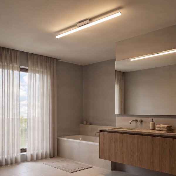 Lindby LED stropní koupelnové svítidlo Levke, 116 cm, stmívatelné, IP44, stmívatelný, Bílá / opál, Koupelna, Plast, Moderní