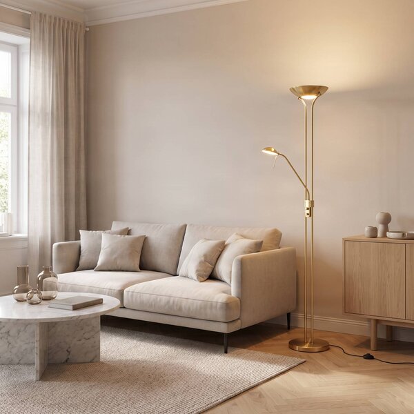 Lindby LED stojací lampa Josefin, mosaz, světlo na čtení, stmívatelné, stmívatelný, Mosaz / zlato, Obývací pokoj / jídelna, kov, Moderní, Lampička na čtení