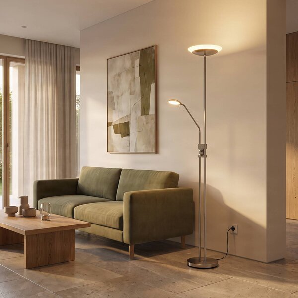 Lindby LED stojací lampa Jonne, kulatá, s ramenem na čtení, stmívatelné, 180 cm, stmívatelný, Hliník / šedá / zinek, Obývací pokoj / jídelna, kov, Moderní, Lampička na čtení