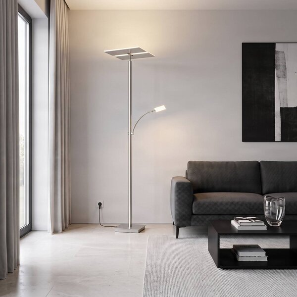 Lucande LED stojací lampa Parthena, nikl, kov, 180 cm, stmívatelný, Hliník / šedá / zinek, Obývací pokoj / jídelna, kov, Moderní
