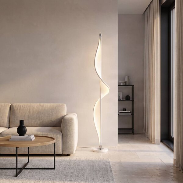 Lucande Stojací lampa LED Edano, 154 cm, bílá, textilní, stmívatelná, stmívatelný, Bílá / opál, Obývací pokoj / jídelna, Textil / tkanina / hedvábí, Moderní