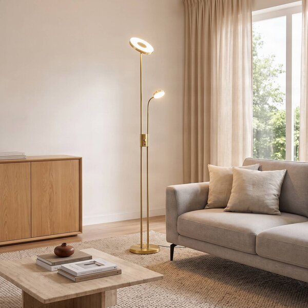 Lindby LED stojací lampa Seppa, kulatá, mosaz, kov, 180 cm, stmívatelný, Mosaz / zlato, Obývací pokoj / jídelna, kov, Moderní, Lampička na čtení