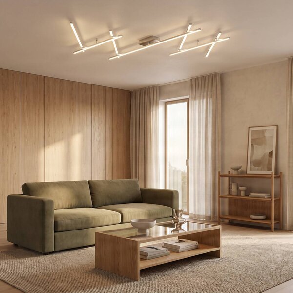 Lindby LED stropní svítidlo Kerem, 345 cm, barva niklu, kov, stmívatelný, Hliník / šedá / zinek, Obývací pokoj / jídelna, kov, Moderní
