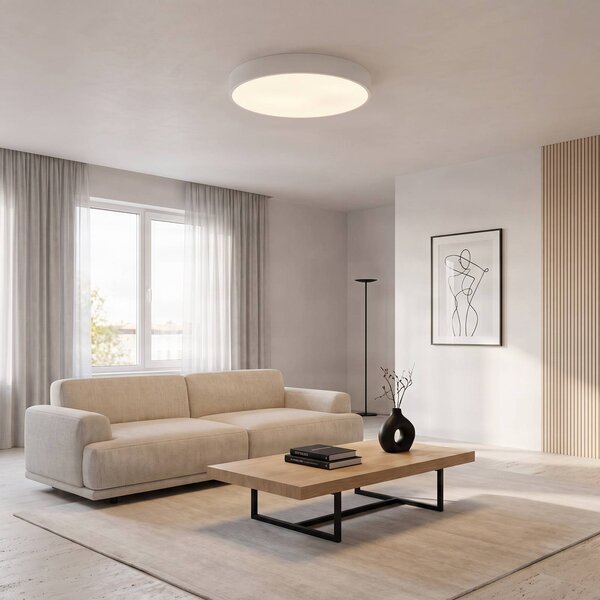 TEMAR LIGHTING Stropní svítidlo Cleo, Ø 60 cm, IP20, bílé, kov, E27, stmívatelný, Bílá / opál, Obývací pokoj / jídelna, Moderní