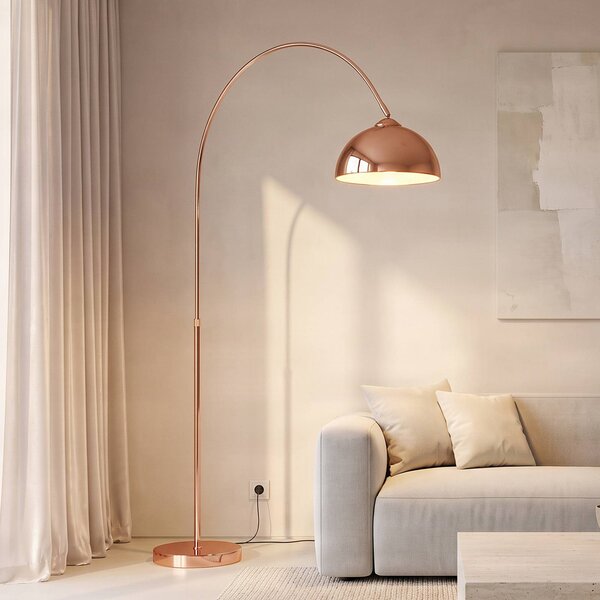 Lindby Oblouková lampa Lennart, měděná, výškově nastavitelná, E27, Měď, Obývací pokoj / jídelna, kov, Moderní