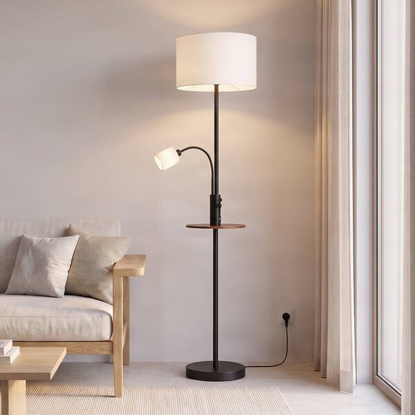 Lindby stojací lampa Aovan, černá, odkládací plocha, USB port, Černá, Obývací pokoj / jídelna, kov, Moderní, Lampička na čtení