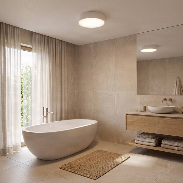 TEMAR LIGHTING Stropní světlo Cleo 300, IP54, Ø 30 cm bílé, stmívatelný, Bílá / opál, Obývací pokoj / jídelna, kov, Moderní