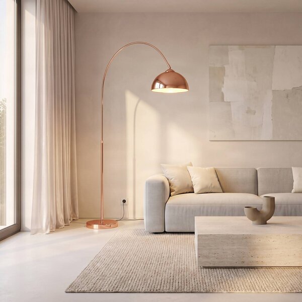 Lindby Oblouková lampa Lennart, měděná, výškově nastavitelná, E27, Měď, Obývací pokoj / jídelna, kov, Moderní
