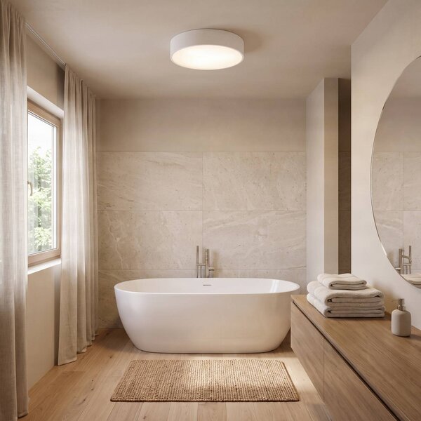 TEMAR LIGHTING Stropní světlo Cleo 400, IP54, Ø 40 cm bílá, stmívatelný, Bílá / opál, Obývací pokoj / jídelna, kov, Moderní