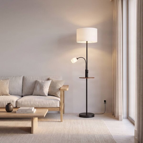 Lindby stojací lampa Aovan, černá, odkládací plocha, USB port, Černá, Obývací pokoj / jídelna, kov, Moderní, Lampička na čtení
