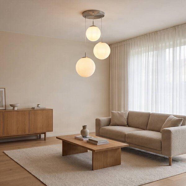 Lindby Závěsné svítidlo Heleska, bílé, sklo, 3 světla, Ø 47 cm, stmívatelný, Bílá / opál, Obývací pokoj / jídelna, kov, Moderní, Skupinová svítidla