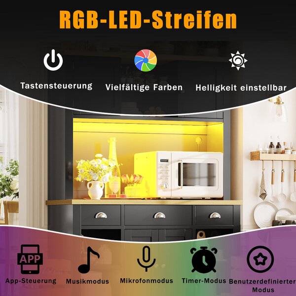 LED skříňka do kuchyně s RGB osvětlením, kuchyňské skříňky s ochranou proti převrácení, tichým dovíráním dveří, nastavitelnými policemi a koši, komoda, černá barva