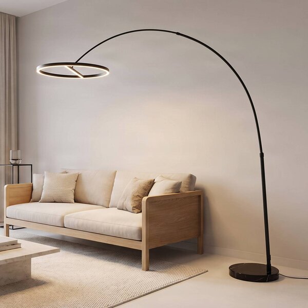 Lucande LED oblouková stojací lampa Virvera, kulatá, černá, kovová, Černá, Obývací pokoj / jídelna, Hliník, Moderní