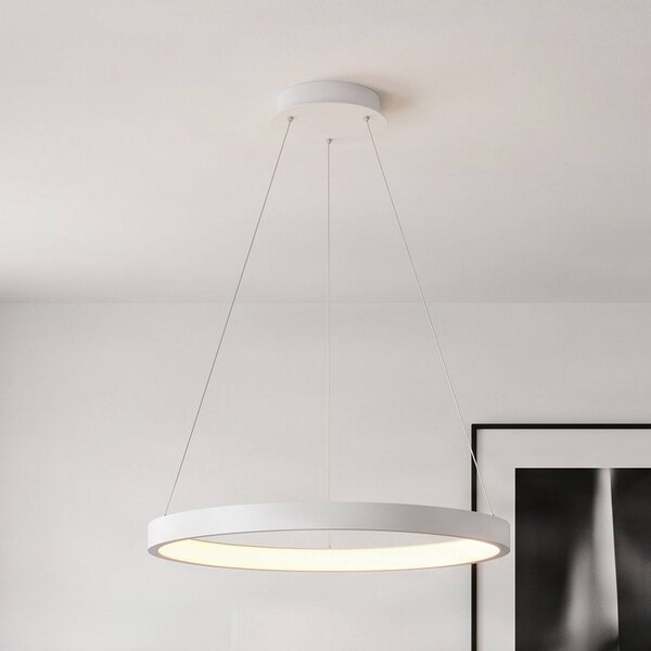 Arcchio Závěsné světlo Albiona, bílé, 1 kruh, Ø 60 cm, stmívatelný, Bílá / opál, Kuchyň, kov, Moderní