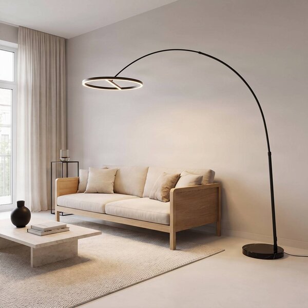 Lucande LED oblouková stojací lampa Virvera, kulatá, černá, kovová, Černá, Obývací pokoj / jídelna, Hliník, Moderní