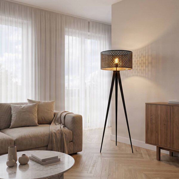 Lindby Stojací lampa Thoralf, trojnožka, černá, textil, Ø50cm, Černá, Obývací pokoj / jídelna, kov, stojací lampa