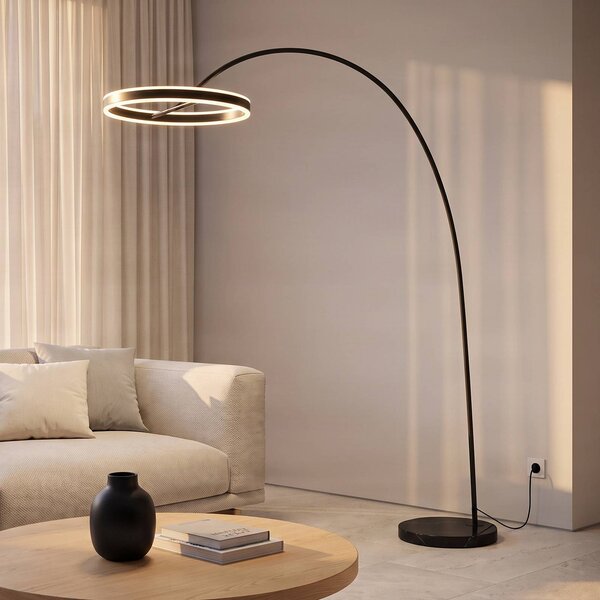 Lucande Oblouková lampa LED Yekta, černá, 183 cm, stmívatelná, stmívatelný, Černá, Obývací pokoj / jídelna, kov, Design