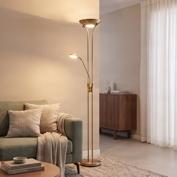 Lindby LED stojací lampa Josefin, bronzová, světlo na čtení, stmívatelné, stmívatelný, Bronz / starožitná mosaz, Obývací pokoj / jídelna, kov, Moderní, Lampička na čtení