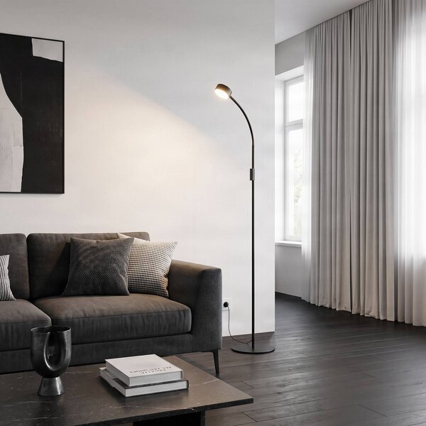 Lindby LED stojací lampa Maori, 140 cm, černá, stmívatelné, stmívatelný, Černá, Pracovna / kancelář, kov, Moderní