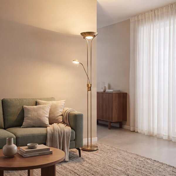 Lindby LED stojací lampa Josefin, bronzová, světlo na čtení, stmívatelné, stmívatelný, Bronz / starožitná mosaz, Obývací pokoj / jídelna, kov, Moderní, Lampička na čtení