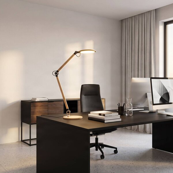 Lindby Stolní LED lampa Nyxaris, zlatá, kov, 50 cm, stmívatelný, Mosaz / zlato, Pracovna / kancelář, Plast, Moderní