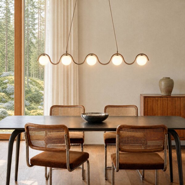 EMIBIG LIGHTING Závěsné světlo SINUS, béžové, délka 110 cm, 5žárovkové, kov/sklo, stmívatelný, Krémová / jantar, Obývací pokoj / jídelna, kov, Moderní, Koule