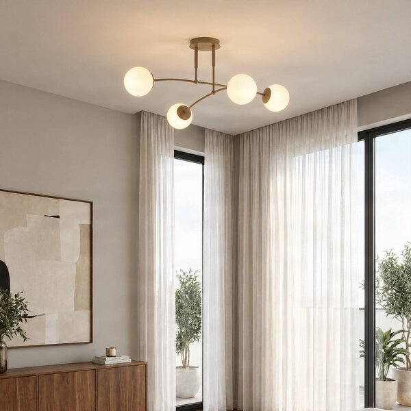 EMIBIG LIGHTING Stropní světlo Pregos, béžové, Ø 60 cm, 4ramenné, kov/sklo, stmívatelný, Krémová / jantar, Obývací pokoj / jídelna, kov, Moderní, Koule