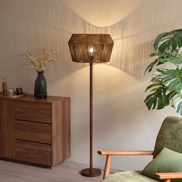 Stojací lampa z ořechového dřeva s hnědým stínidlem z papírového provazu 50/50/30 - Mels