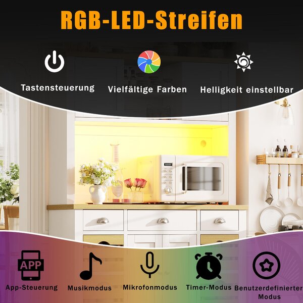 LED skříňka do kuchyně s RGB osvětlením, kuchyňské skříňky s ochranou proti převrácení, tichým dovíráním dveří, nastavitelnými policemi a koši, komoda, bílá barva
