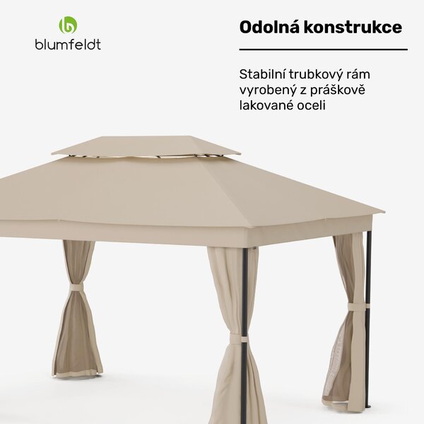 Blumfeldt Mondo Dual Pavilion 3x4 - dvojitá střecha a sítě proti komárům, nerezavějící kovový rám, střecha odolná vůči povětrnostním vlivům, zahradní altán, béžový